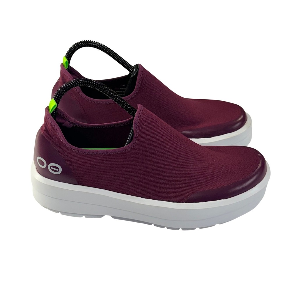 OOFOS Women's Slip-On Sneakers Burgundy with White Soles and Neon Green Pull Tab